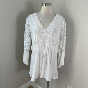 Torrid Womens Plus 2X White Crochet Lace Tunic Blouse Boho V Neck Shirt Top